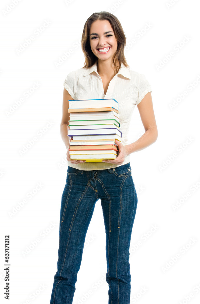 Full body portrait photo of young happy smiling woman with textbooks, isolated over white background. Full body portrait photo of young happy smiling woman with textbooks, isolated over white background.