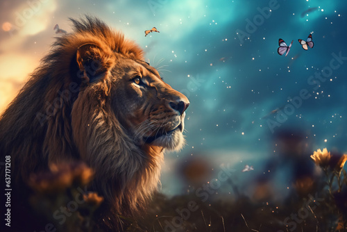 a lion with butterflies flying around it  © Nam