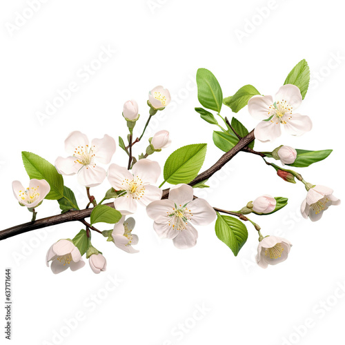 Young green leaves and blooming flowers on a pear tree branch isolated on transparent background