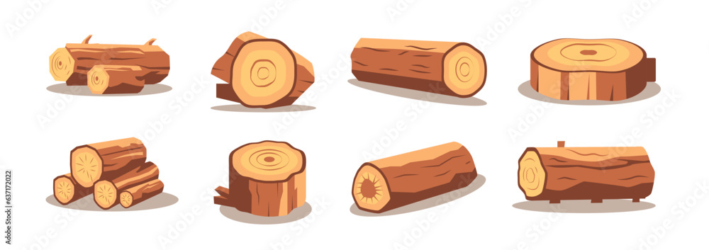 Collection of wood logs for lumber industry, flat vector illustration