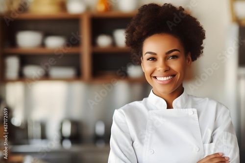 Protrait of a smiling African American female chef with a white apron in a restaurant kitchen background, professional cuisine wallpaper, Horizontal format 3:2