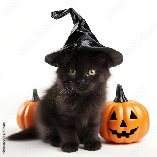 A cute cat kitty is posing near Halloween pumpkins, wearing a witch’s black hat on isolated white background, Halloween costume for animals, pets, cats, Autumn, Fall Concept, October 31, Canva