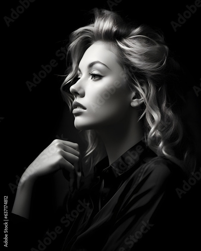 Dramatic Portrait of beautiful woman, side view in black and white