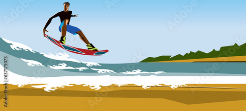 vector illustration of a sea scene with surfing person, summer sea sport, sunny beach.