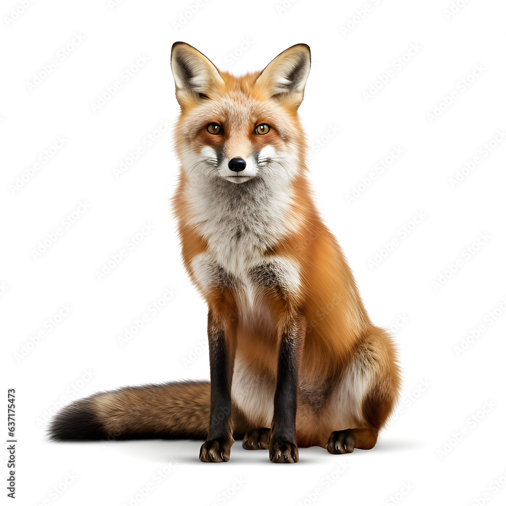 Red fox pose with a bushy tail isolated against a white background. AI generetive