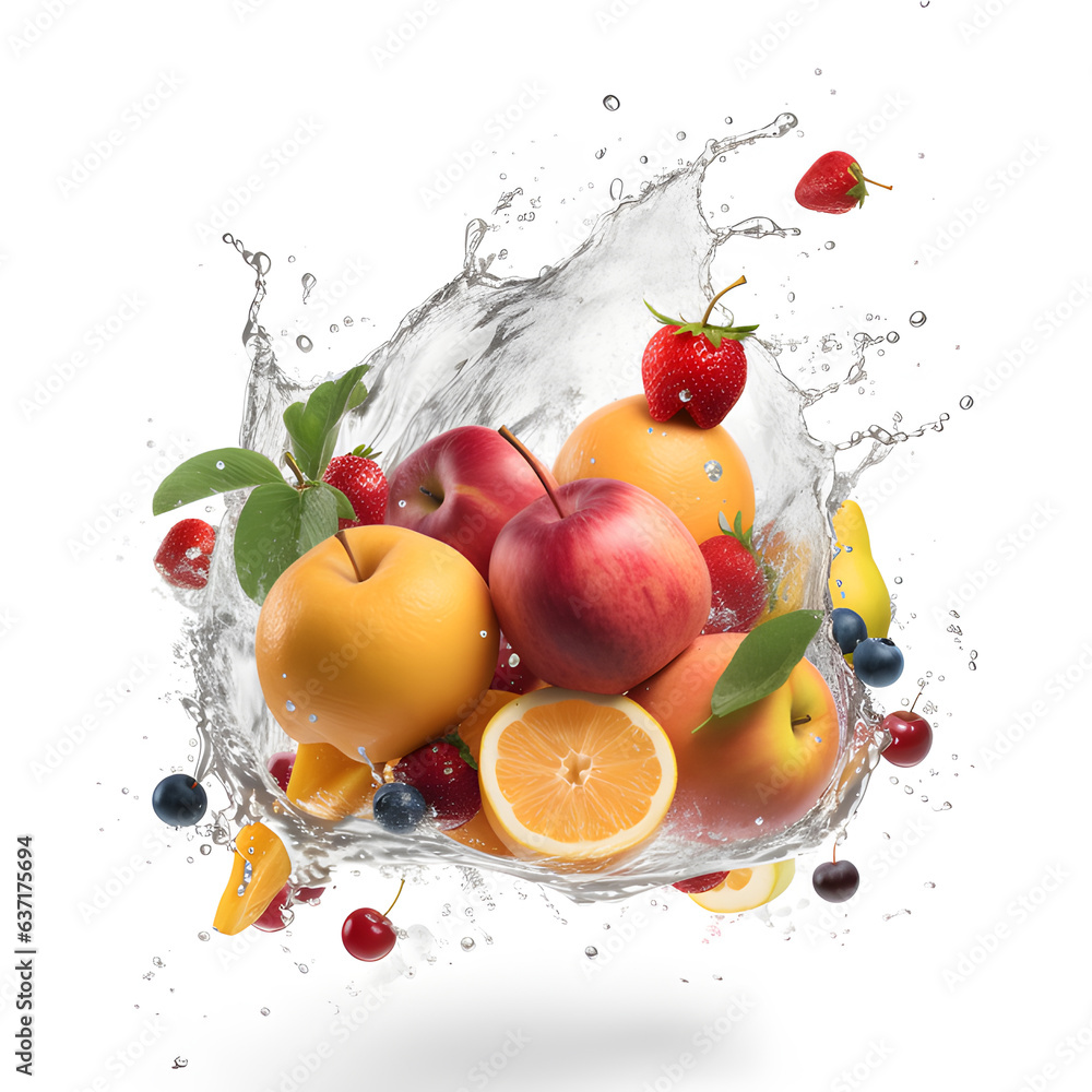 Fresh fruits falling in water splash. AI generetive. Fresh fruits falling in water splash. AI generetive.