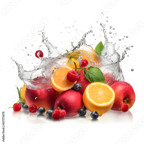 Fresh fruits falling in water splash. AI generetive.