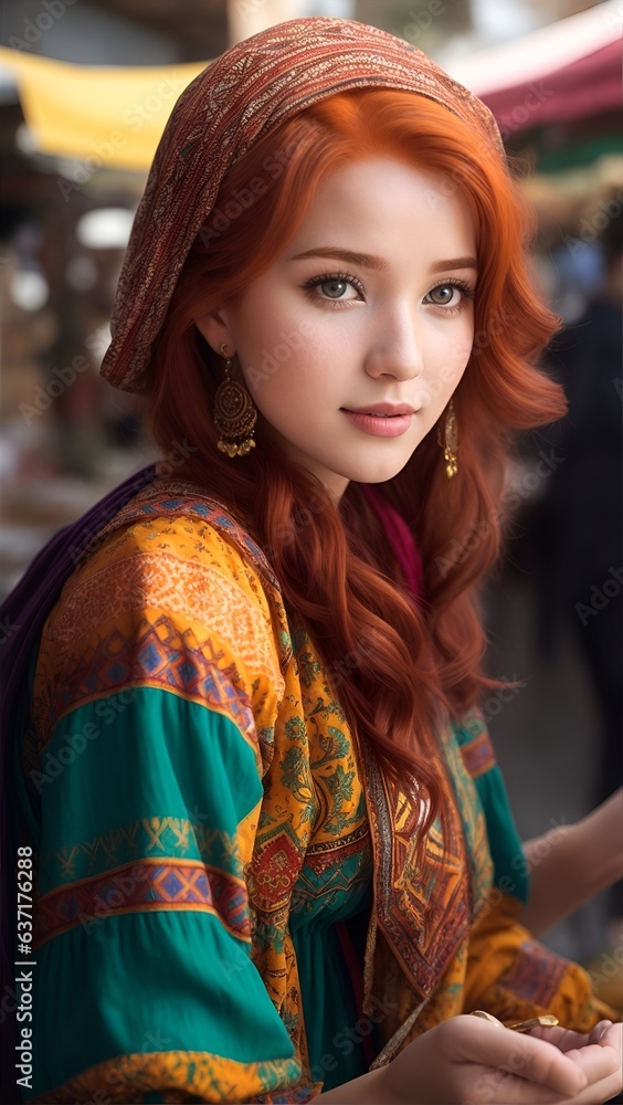 Closeup Pretty Girl Redhead At A Local Marketplace, Donning A Contemporary Twist On Traditional Moroccan Romper Suit. AI Generative 