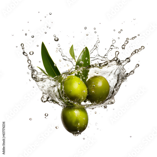 Fresh olives falling in pure water. AI generetive