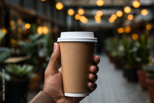 A woman man hand holding a blank paper coffee cup, design mockup, autumn, brown colors, cafe, restaurant, lights on background, street background, Canva