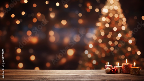 Empty wooden table with christmas theme in background
