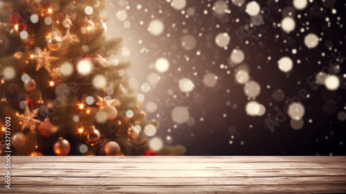 Empty wooden table with christmas theme in background