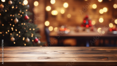 Empty wooden table with christmas theme in background