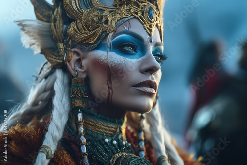 a woman with a blue face paint and a gold crown 