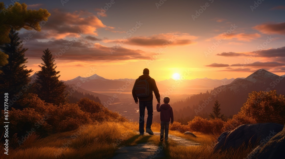 Parents and child at sunset. Dad and son outdoors. parents with their child at sunset. silhouette of a person in the sunset