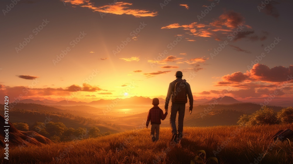 Parents and child at sunset. Dad and son outdoors. parents with their child at sunset. silhouette of a man walking in the sunset