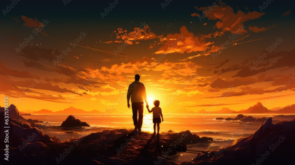 Parents and child at sunset. Dad and son outdoors. parents with their child at sunset. silhouette of a person