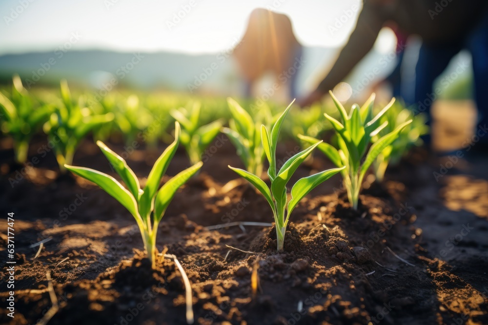 Agricultural farmers are planting corn seedlings in a field - obrazy, fototapety, plakaty 