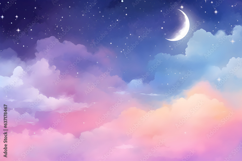 abstract sky background with sugar cotton candy clouds on pastel gradient design, stars and moon in the sky abstract sky background with sugar cotton candy clouds on pastel gradient design, stars and moon in the sky