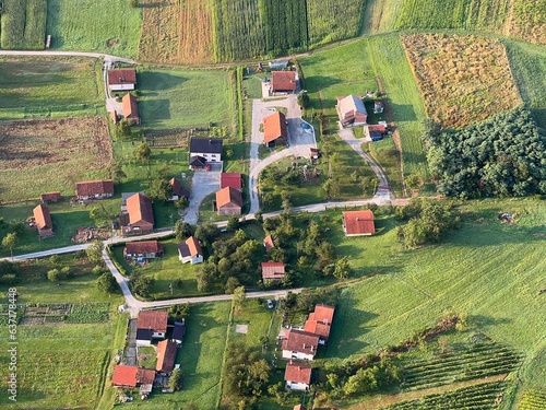 View of forests, fields, villages and Zagorje hills, during a panoramic balloon flight over Croatian Zagorje - Croatia (Panoramski let balonom iznad Hrvatskog zagorja - Hrvatska) photo