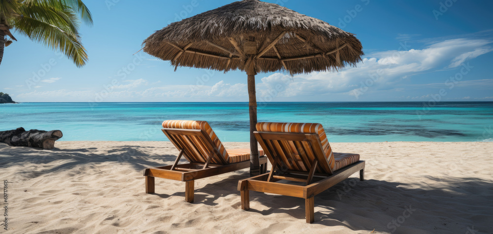 Beachside Bliss with Lounge Chairs, Umbrella, and Serene Ocean Views Sand, Sun, and Relaxation in Tropical beach
