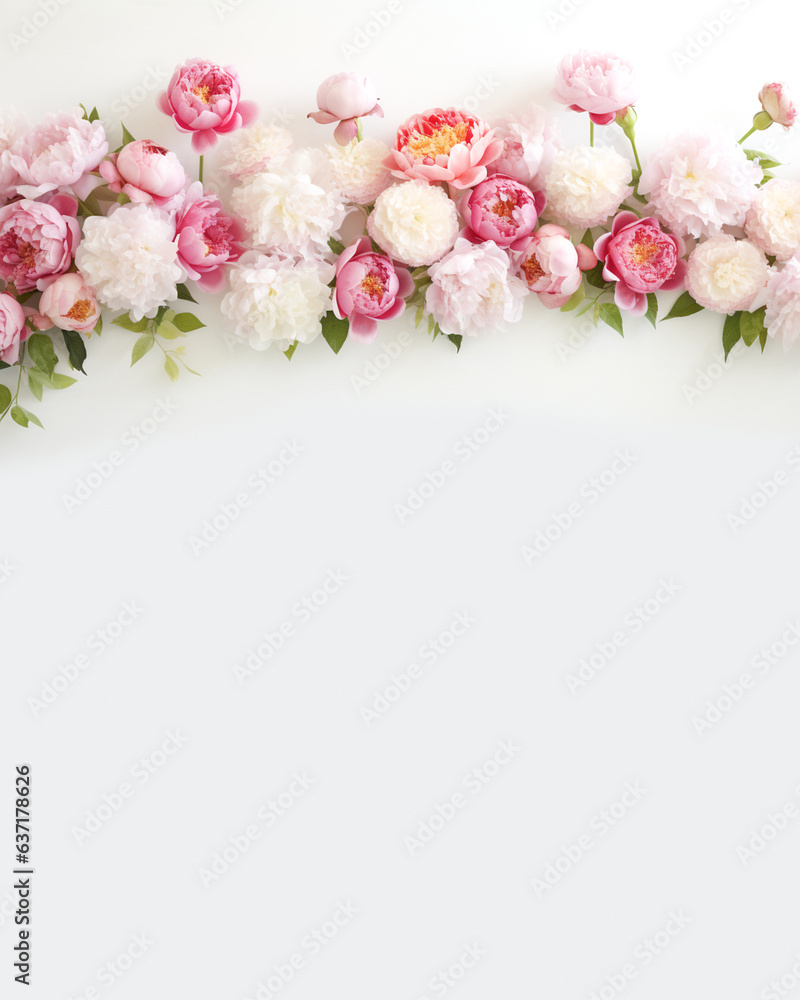 Pink and white peonies on white background. Copy space