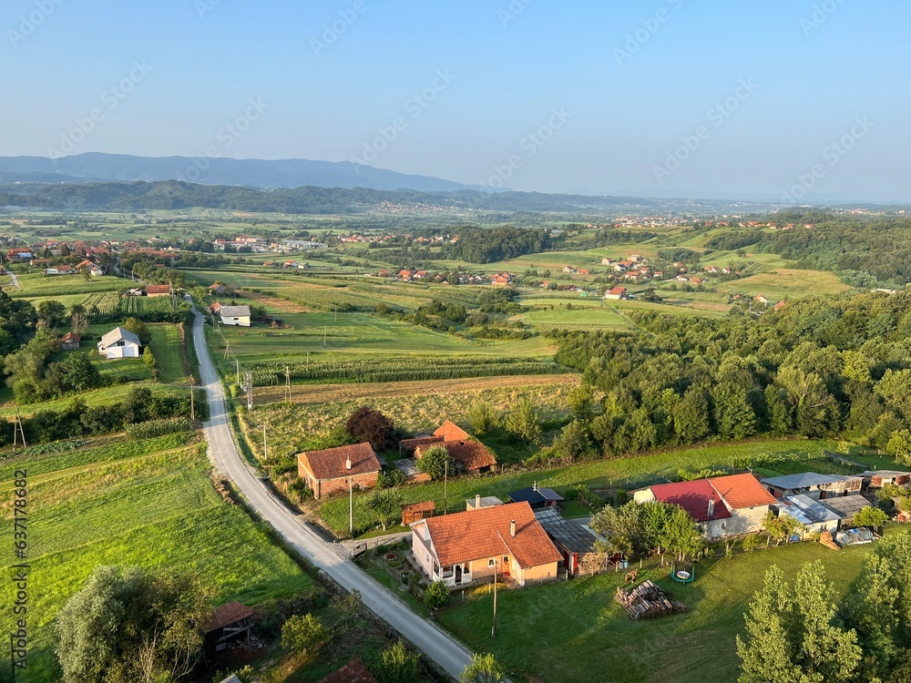 View of forests, fields, villages and Zagorje hills, during a panoramic balloon flight over Croatian Zagorje - Croatia (Panoramski let balonom iznad Hrvatskog zagorja - Hrvatska) View of forests, fields, villages and Zagorje hills, during a panoramic balloon flight over Croatian Zagorje - Croatia (Panoramski let balonom iznad Hrvatskog zagorja - Hrvatska)