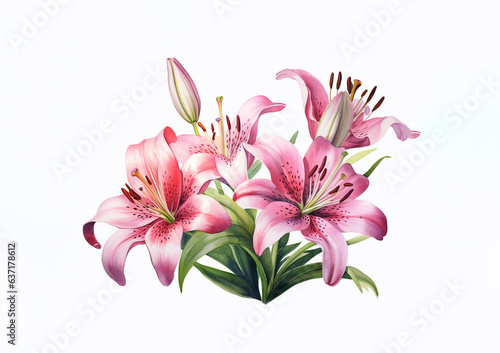 Pink color Stargazer Lilies on white background. Watercolor © sinseeho