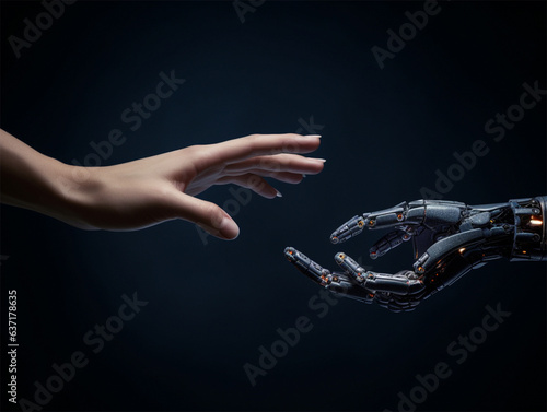 Human hand to touch robot hand. Close up view. Connection between humans and technology concept. Generative AI.