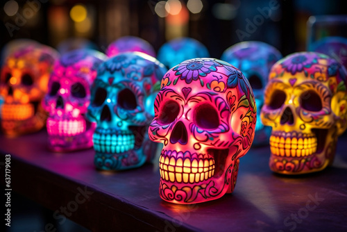 Neon-lit sugar skulls for Day of the Dead festivities