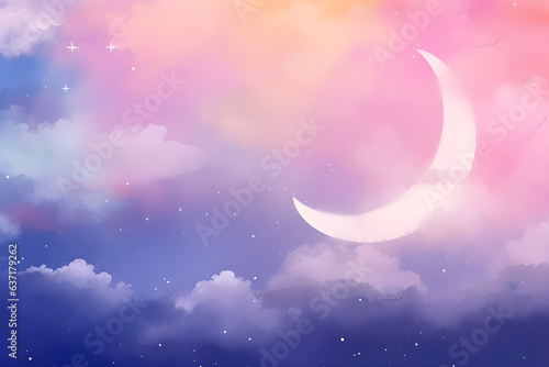 abstract sky background with sugar cotton candy clouds on pastel gradient design, stars and moon in the sky