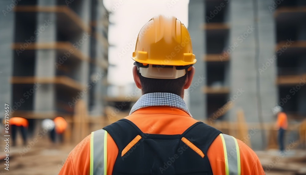 A construction worker or foreman at a construction site, back to the camera, style Cinematic A construction worker or foreman at a construction site, back to the camera, style Cinematic