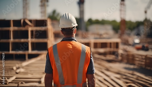 A construction worker or foreman at a construction site, back to the camera, style Cinematic photo