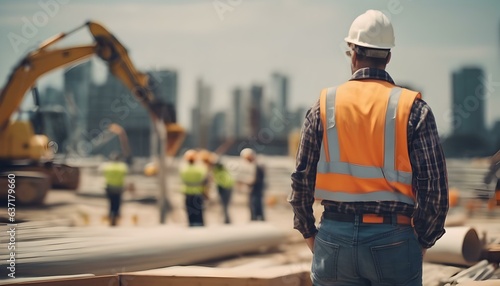A construction worker or foreman at a construction site, back to the camera, style Cinematic