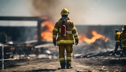 Cinematic Firefighter Scene Guardian Amidst Burned Construction