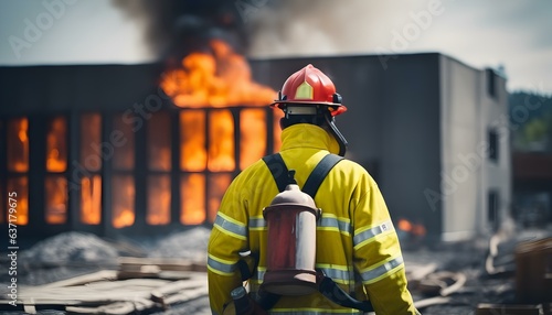 Cinematic Firefighter Scene Guardian Amidst Burned Construction