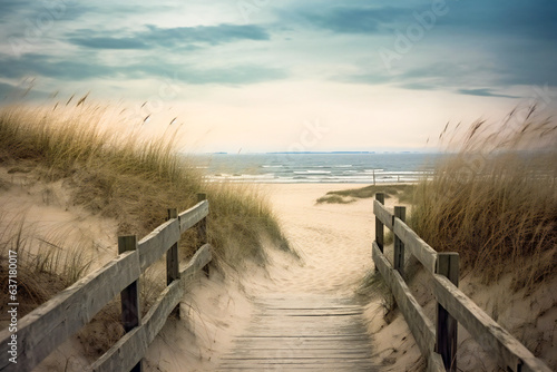 A path to the beach with old wooden fences and sand dunes