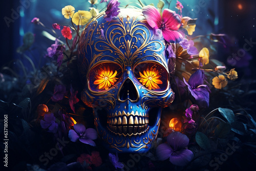 Neon Bloom: Colorful Fantasy Skull with Vibrant Floral Accents