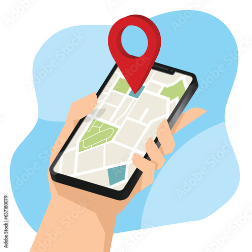 Hand holding mobile smart phone with Location mobile app.