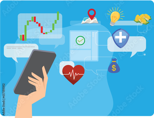 Hand hold smartphone using stock exchange, serach location, find protect lfe programe form internet