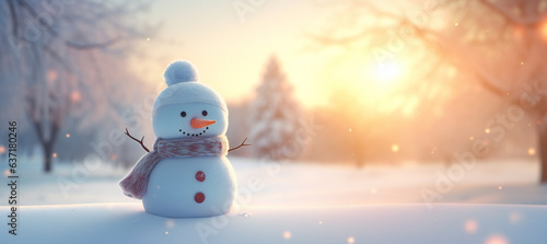 Cute smiling snowman wearing winter clothing in the snow © Adrian Grosu
