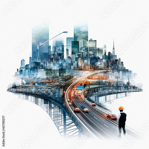 Future of buildings construction engineering the devotion project with double exposure to civil engineering design. Future modern construction project. and Corporate Governance concept. Generative Ai.