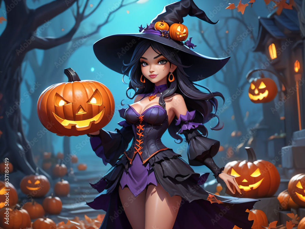 Fototapeta premium 3d Illustrated Witch in Dark Scary Forest Holding Pumpkin Jack-O-Lantern Halloween Holiday
