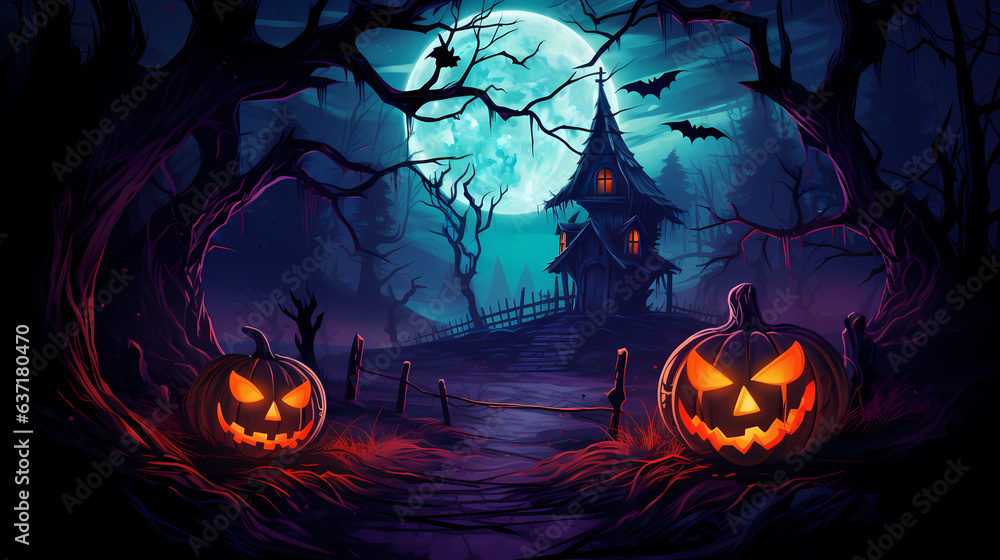 Halloween background with scary pumpkins  and house haunted  in a dark  night. Spooky scary dark Night forrest. Holiday event halloween banner background concept
