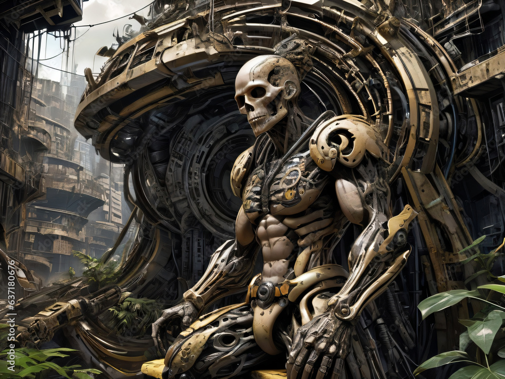 Obraz premium Skeleton Dead Cyborg In Dystopian Cyberpunk City Horror Wallpaper Background