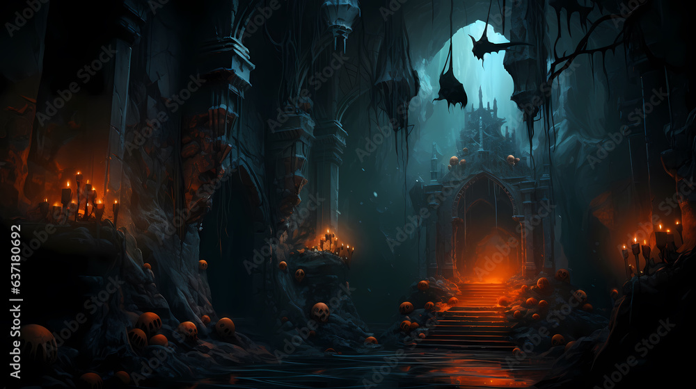 Halloween night moon composition with glowing pumpkins vintage castle and bats flying .Spooky scary dark Night forrest. Holiday event halloween banner background concept