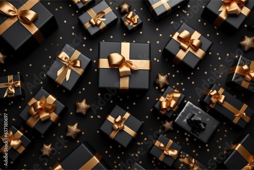 Christmas realistic gifts Box. Set of isolated presents with Black and golden bow. © Annulus Studio