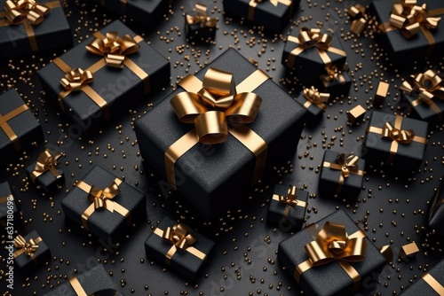Christmas realistic gifts Box. Set of isolated presents with Black and golden bow. © Annulus Studio