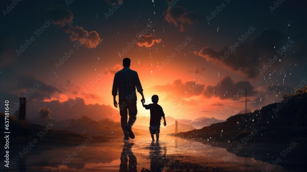 silhouette of a father and son walking on a low tide river at sunset