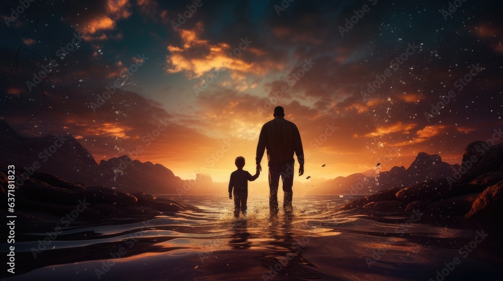 silhouette of a father and son walking on a low tide river at sunset